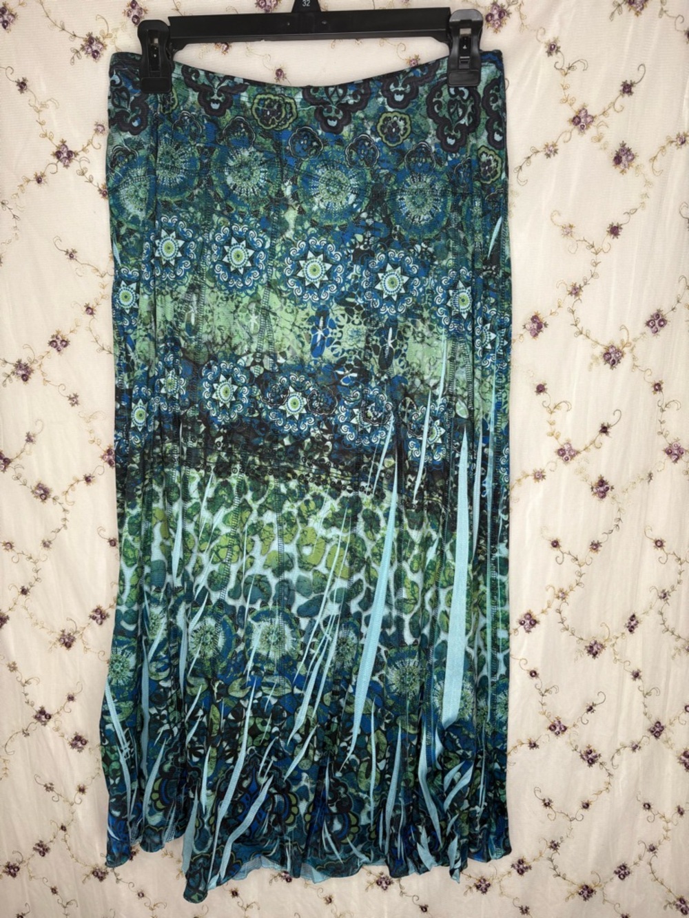 ONE WORLD Blue and Teal Printed Maxi Skirt